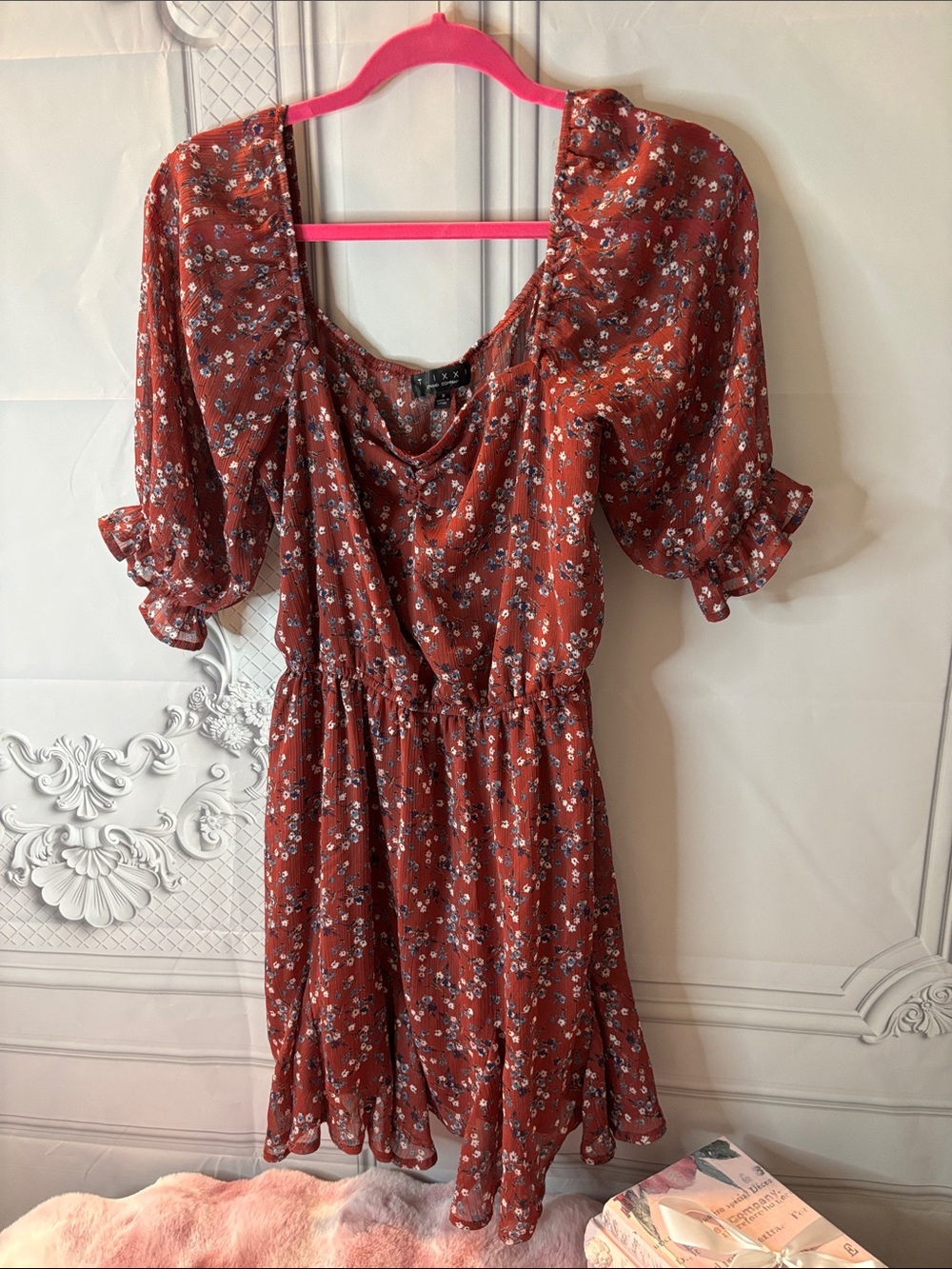 Trixxi Rust Floral Puff-Sleeve Mini Dress, Size Small